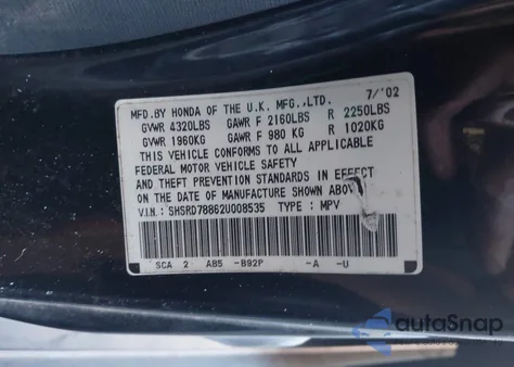 2002 Honda Cr-V Ex из США, поврежденный, VIN SHSRD78862U008535